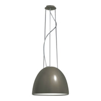 "Modern gray pendant lamp with a smooth, glossy finish and elegant curved design."