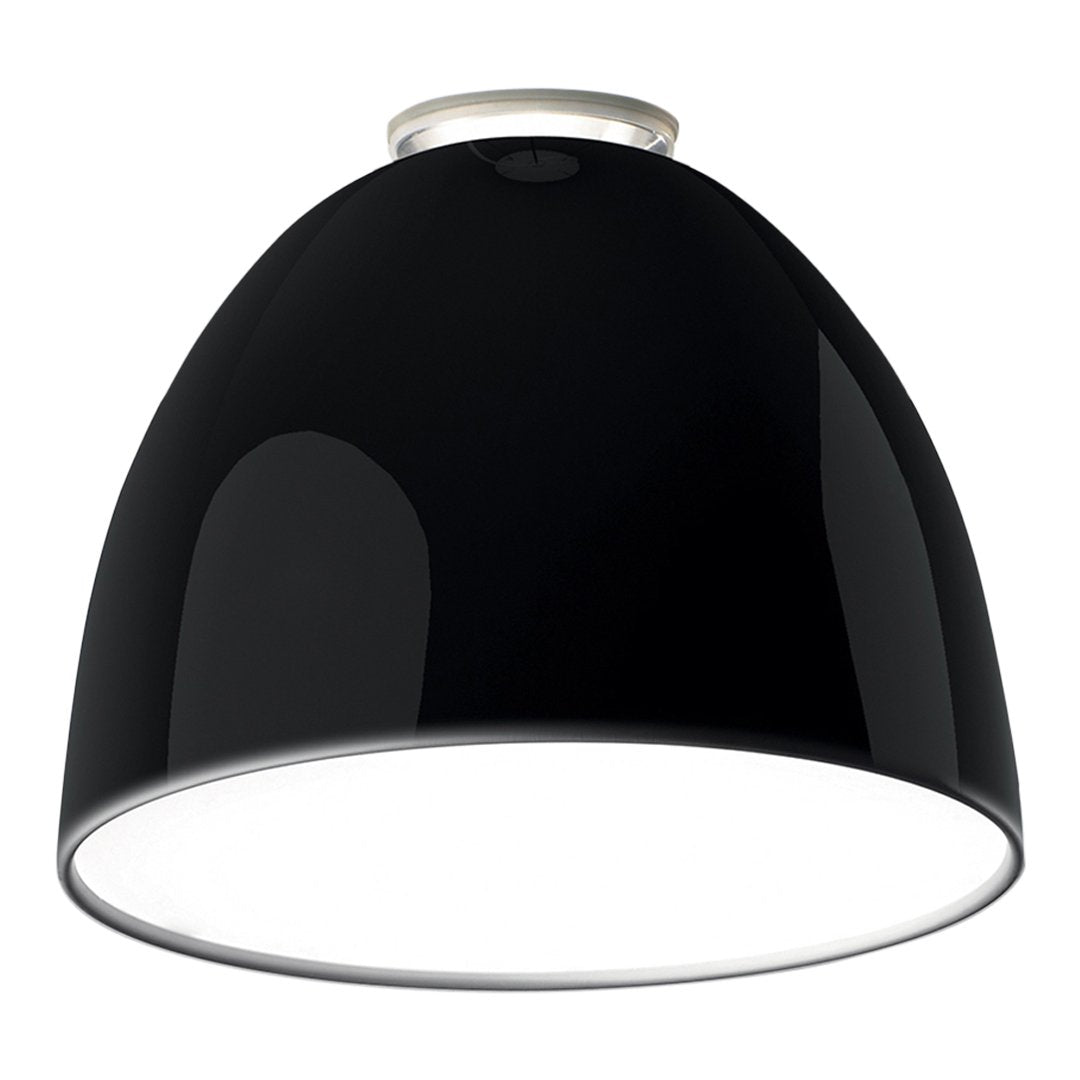 Glossy black pendant lamp with a smooth, rounded dome shape and white interior, perfect for modern decor.
