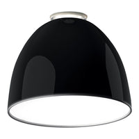 Glossy black pendant lamp with a smooth, rounded dome shape and white interior, perfect for modern decor.