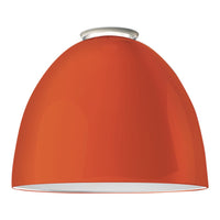 Glossy orange dome pendant lamp with a sleek silver fixture, perfect for modern decor.
