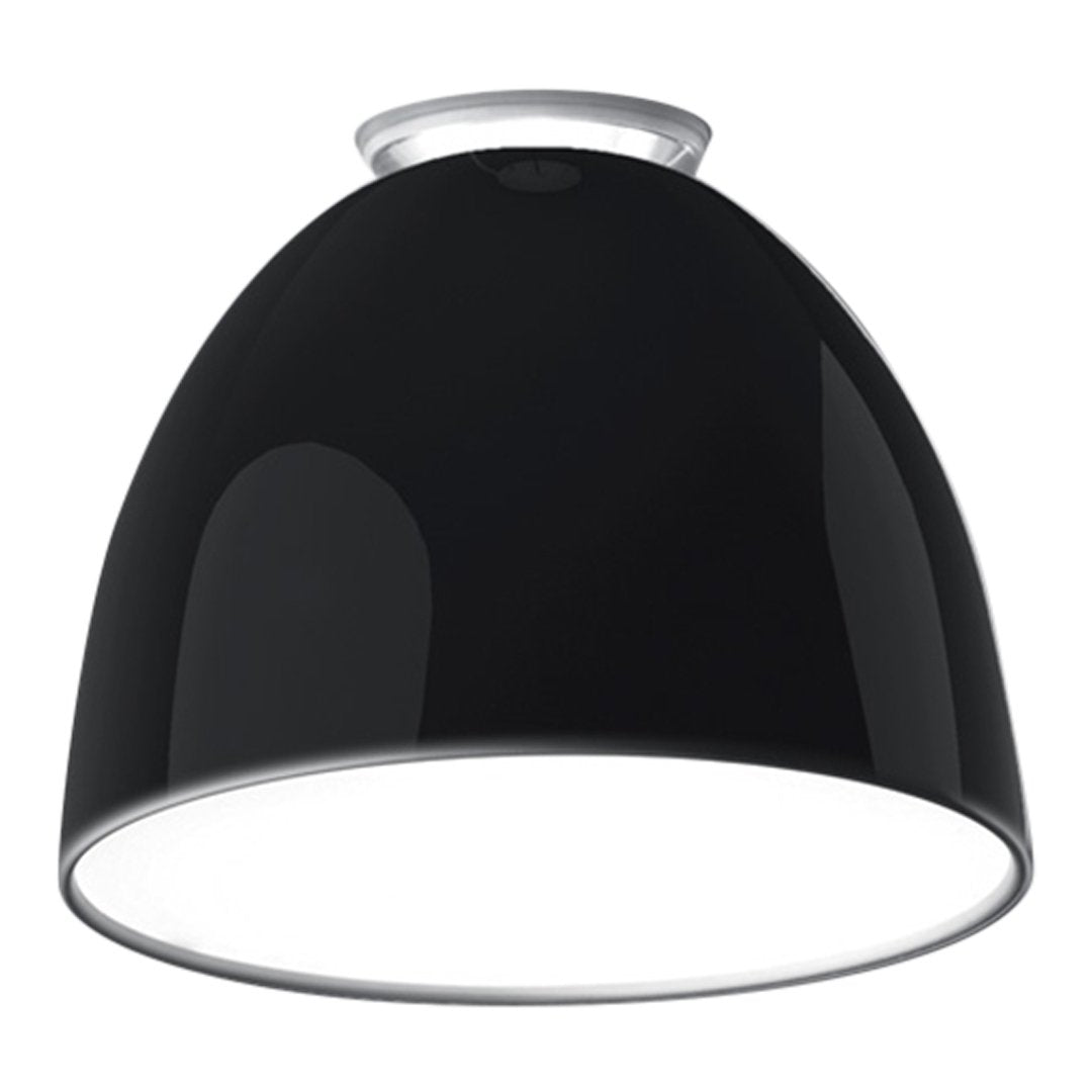 Sleek black pendant lamp with a glossy finish and minimalist design, featuring a white inner shade.