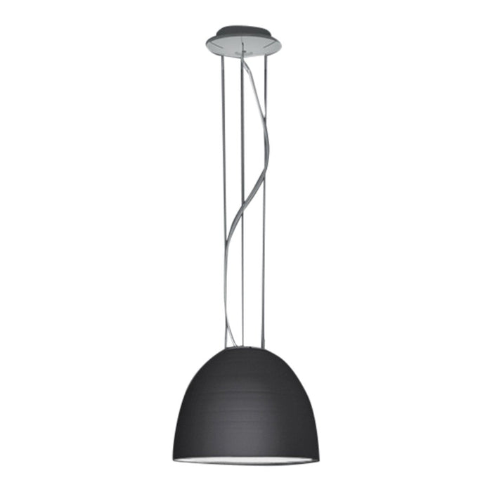 Sleek black pendant lamp with a modern curved design and silver accents, perfect for contemporary decor.