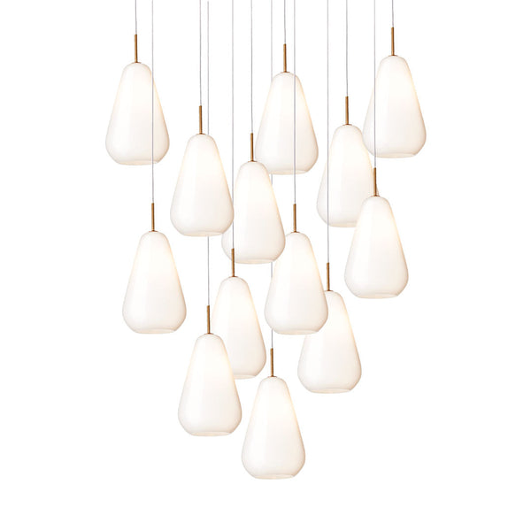 Cluster of 15 white, teardrop-shaped pendant lights with sleek metallic accents. Elegant and modern aesthetic.