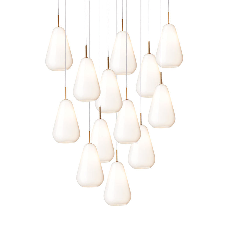 Cluster of 15 white, teardrop-shaped pendant lights with sleek metallic accents. Elegant and modern aesthetic.