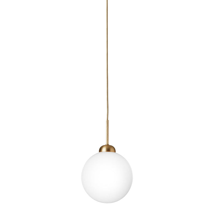 White globe pendant light with a sleek brass fixture, ideal for modern decor. Simple and elegant design.