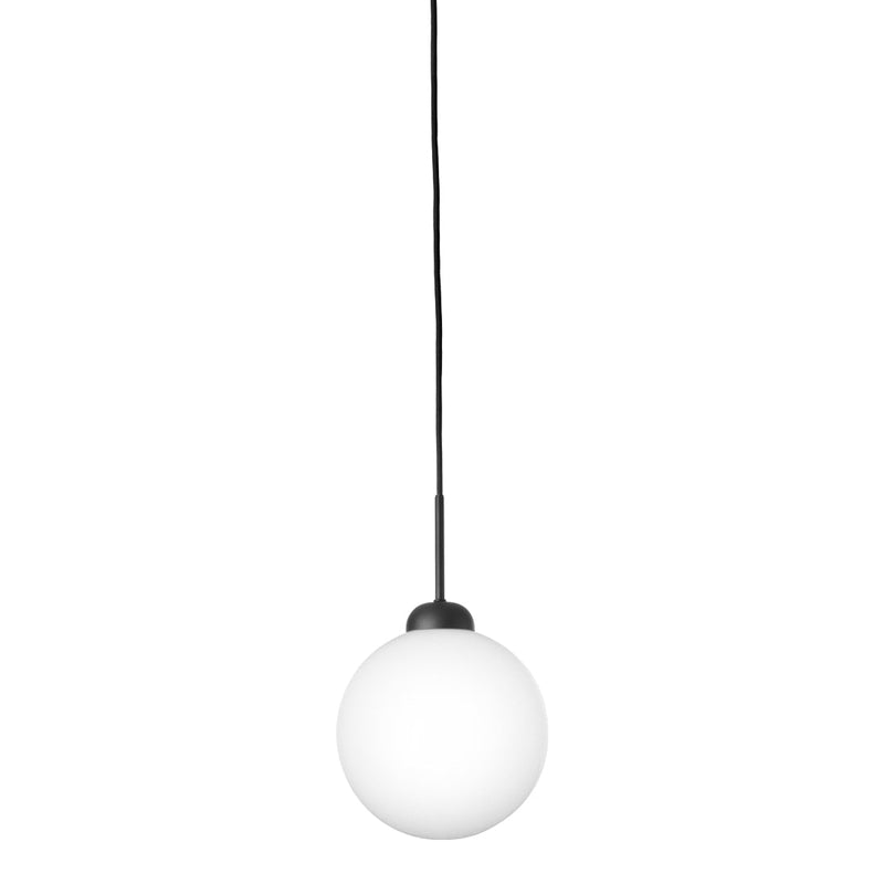 Minimalist round white pendant light with a sleek black cord, perfect for modern decor.