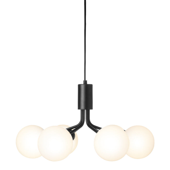 Modern black pendant light with four round white glass shades, creating a sleek and minimalist design.