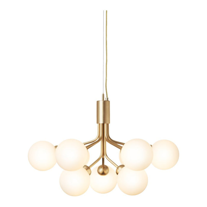 Modern gold pendant light with white globe shades, featuring a sleek and minimalist design. Ideal for stylish decor.