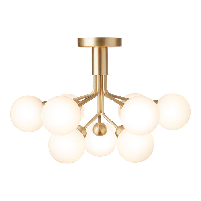 "Modern gold ceiling light fixture with nine white globe shades, featuring a sleek and minimalist design."