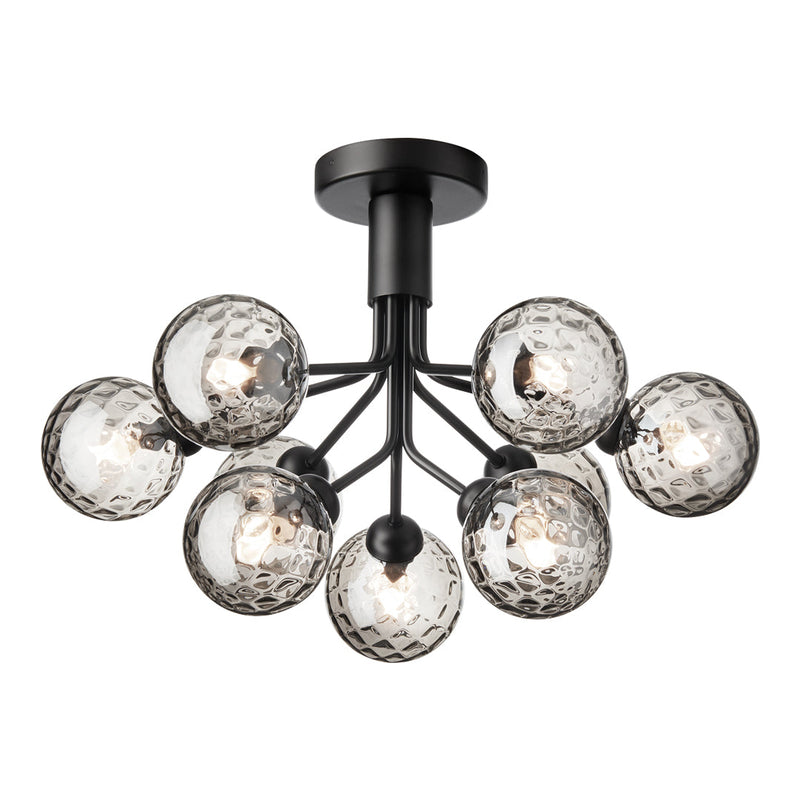 Elegant black chandelier featuring nine textured glass globes with a smoky finish and diamond-patterned surface.