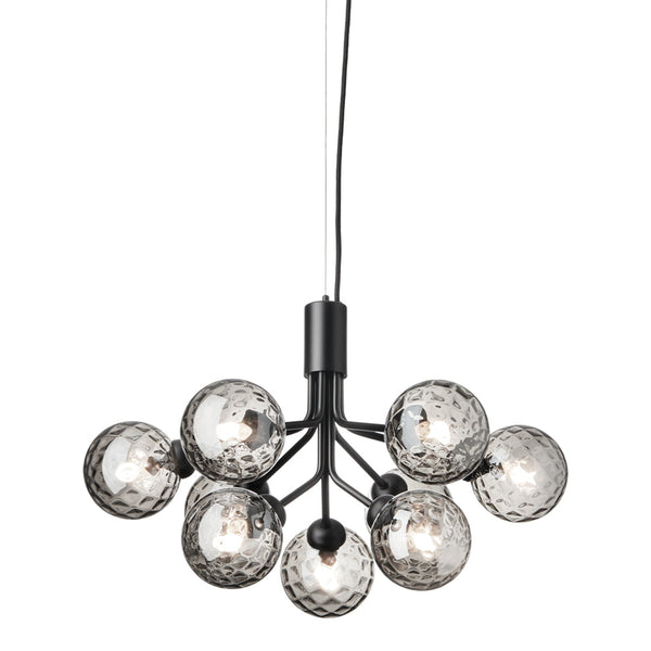 Modern black pendant light with mirrored globe shades featuring a geometric pattern. Elegant and stylish design.