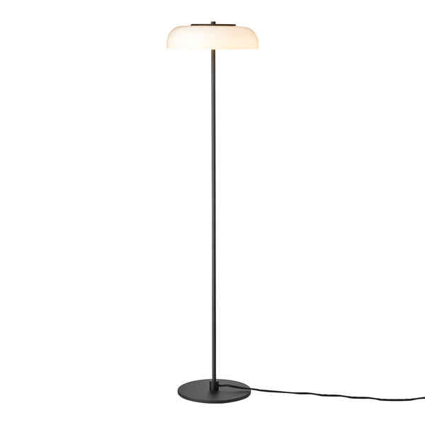 Black metal floor lamp with a sleek design and a white, rounded shade for a modern touch.