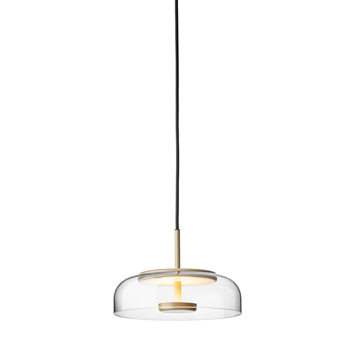 Clear glass pendant lamp with a sleek black cord and elegant gold accents, featuring a minimalist design.