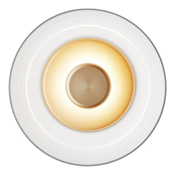 Circular ceiling light with a golden center, surrounded by white and subtle gray tones, featuring smooth, modern lines.