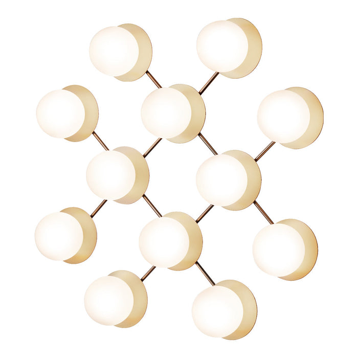 Modern geometric light fixture with white globe shades and a sleek metal frame. Perfect for a minimalist decor.