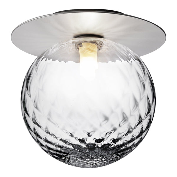 Crystal globe pendant light with a textured diamond pattern and sleek metallic top. Clear and reflective finish.