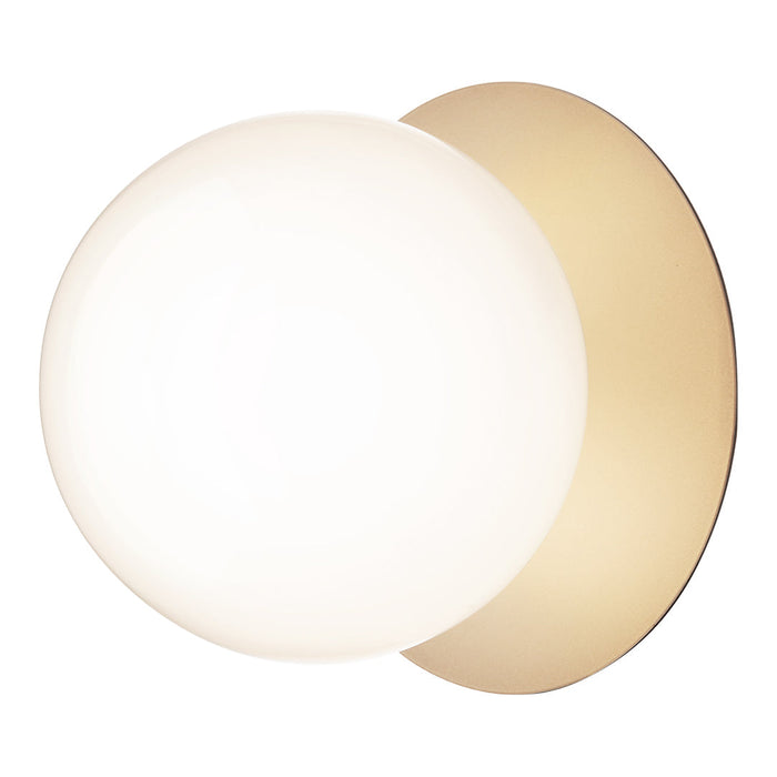 Modern white globe light with a sleek golden circular backplate, perfect for contemporary decor.