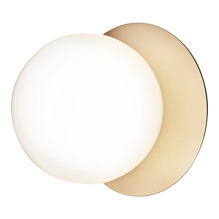 Modern wall light with a white glass globe and soft beige curved backing, perfect for contemporary decor.