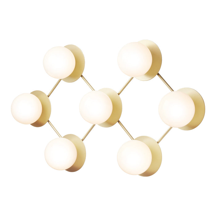 Modern wall lamp with spherical white glass shades and a minimalist beige structure. Geometric design accents.