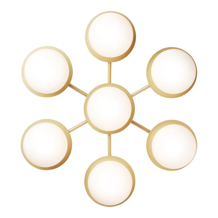 Gold geometric chandelier with seven white globe lights, featuring a stylish and modern design.