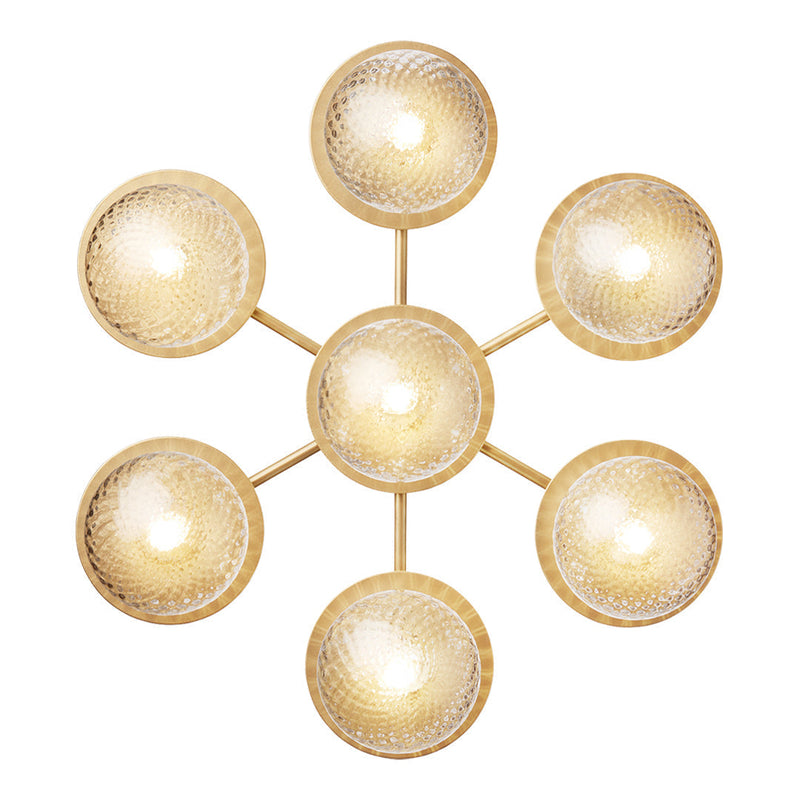 Gold chandelier with six circular light fixtures, featuring intricate patterns and a modern design.