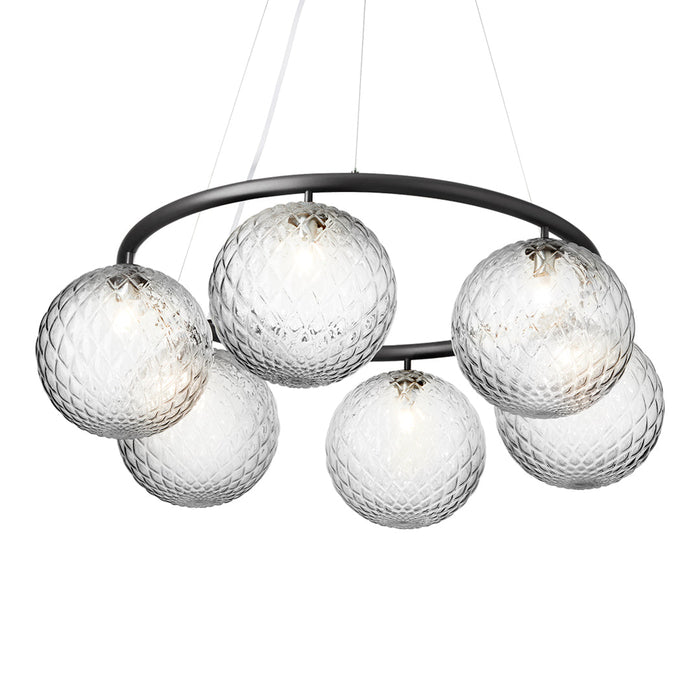 Modern pendant light featuring six glass globes in clear and frosted finishes, with a black metal circular frame.