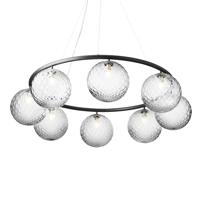 Modern chandelier with circular black metal frame and nine textured glass globes in clear, spherical patterns.