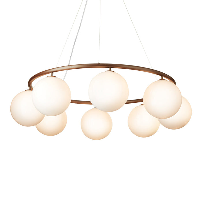 Modern chandelier with white glass globes and a sleek bronze finish. Stylish, minimal design perfect for any decor.