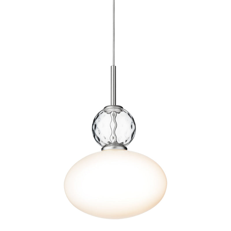 White glass pendant lamp with a clear crystal accent, featuring a smooth, rounded shape and sleek metal details.