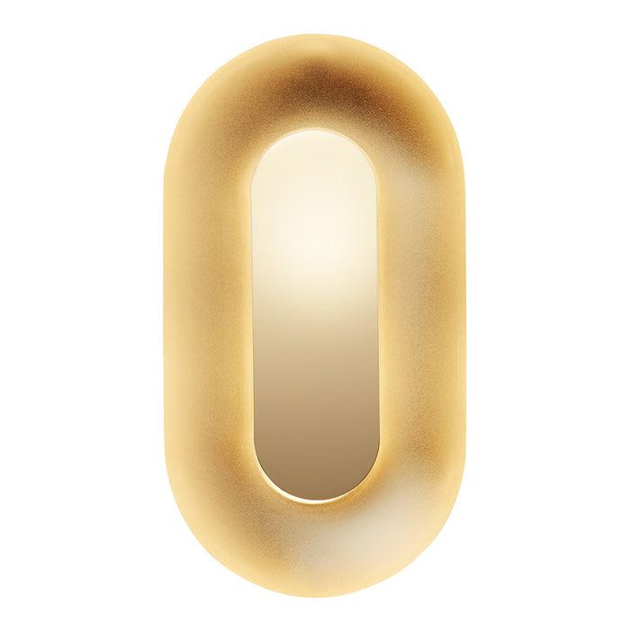 Gold oval-shaped mirror with a smooth, reflective surface and soft, rounded edges. Elegant and modern design.