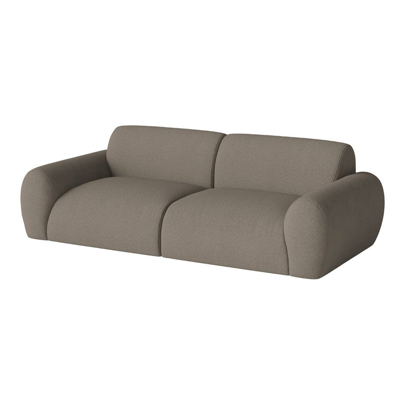 Sleek sofa in soft taupe fabric, featuring a smooth, solid color with minimalist, modern design.