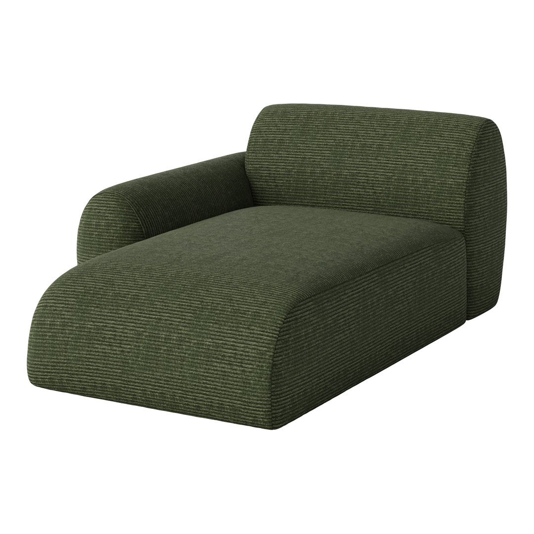 Green striped chaise lounge with a modern, textured pattern. Perfect for contemporary living spaces.
