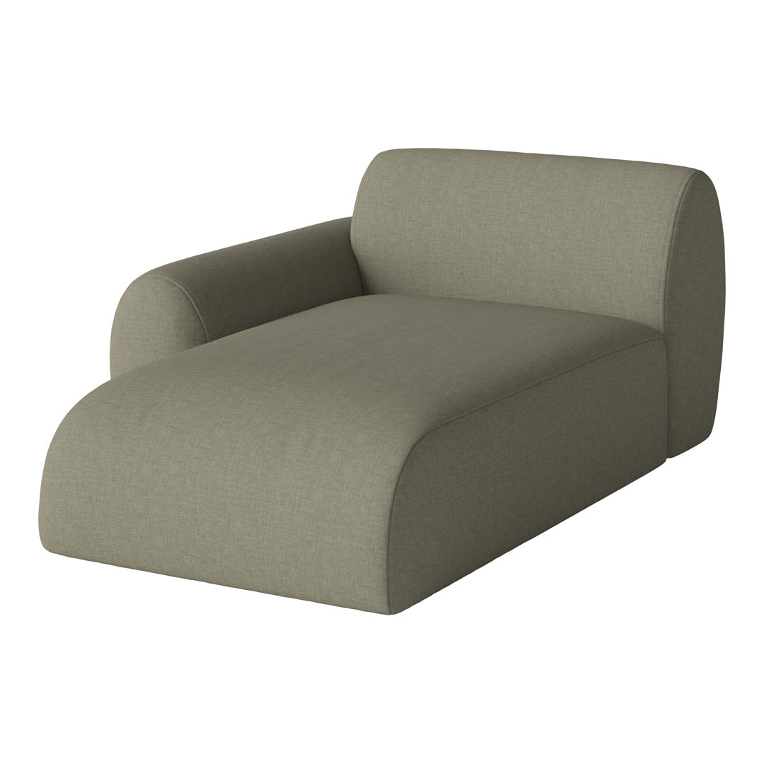 Olive green upholstered chaise lounge with a smooth, subtle texture and minimalist design. Ideal for modern decor.