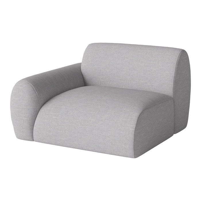 Soft gray fabric armchair with a smooth, textured pattern, featuring rounded edges for a modern look.