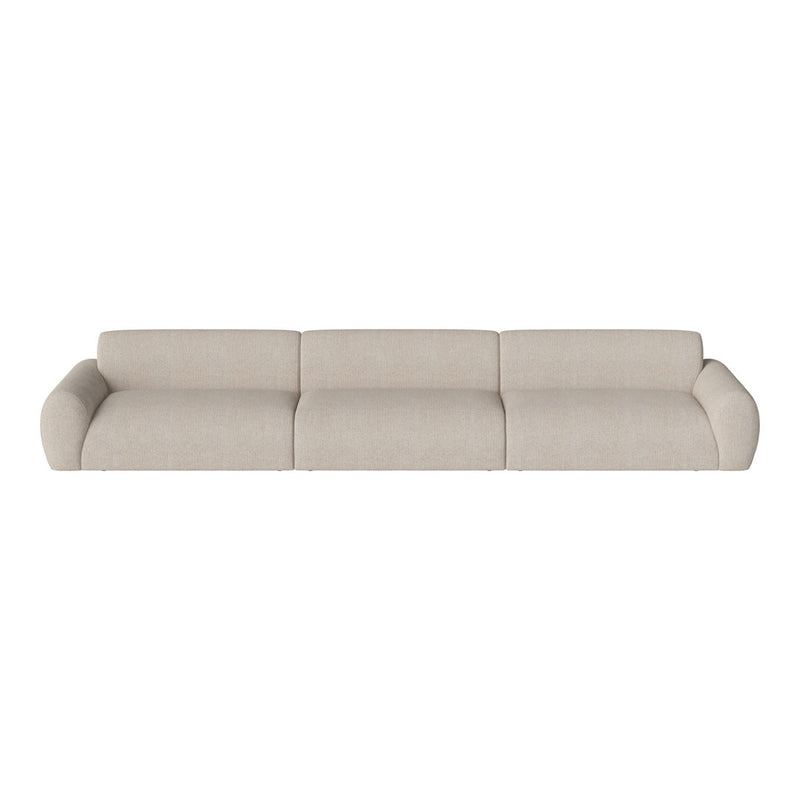 Beige upholstered sofa with smooth, minimalist design and subtle textured pattern. Ideal for modern interiors.