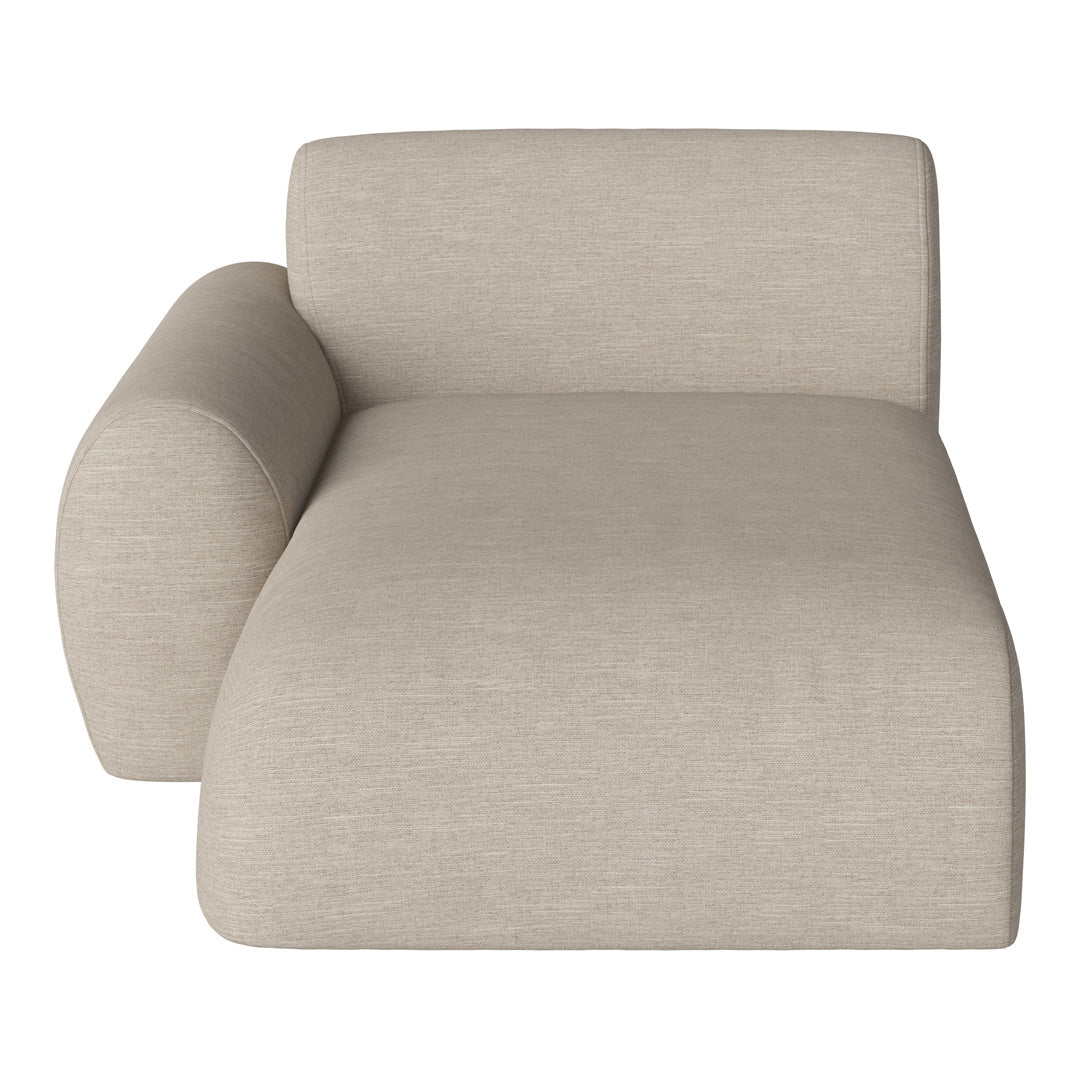 Light beige fabric chaise lounge with a smooth, minimalistic texture and modern cylindrical armrest design.