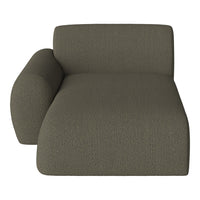 Olive green textured fabric chaise lounge with a modern design, featuring a curved armrest.