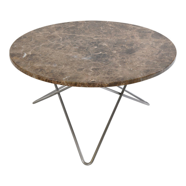Round brown marble tabletop with natural veining, supported by sleek silver metal legs. Ideal for modern decor.