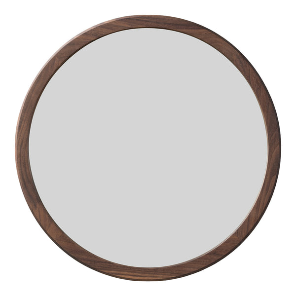 Round mirror with a smooth, reflective surface and a rich walnut wood frame highlighting natural tones.