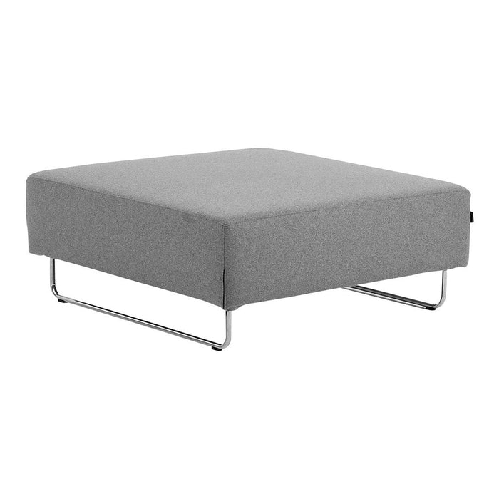 Gray square ottoman with a smooth fabric texture and minimalist chrome legs. Perfect for modern decor.