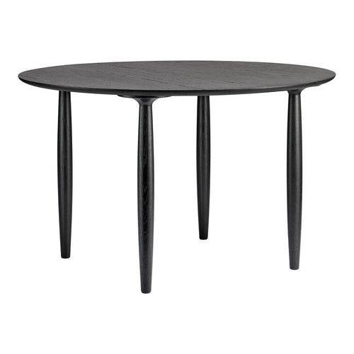 Round black dining table with a smooth finish and sleek, tapered legs. Modern minimalist design for any space.