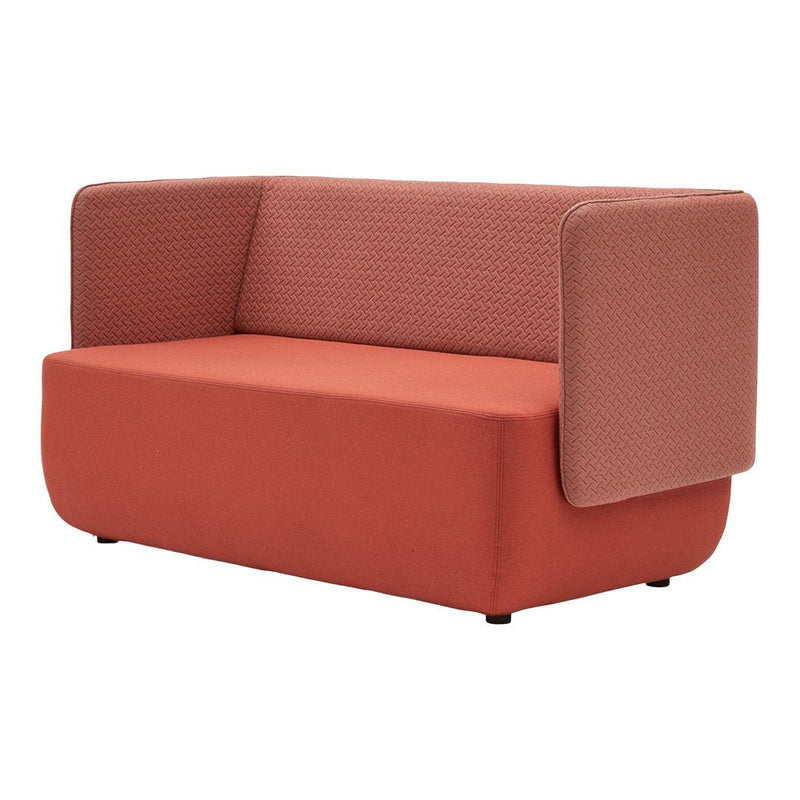 "Modern two-tone sofa in coral and textured light orange, featuring smooth and geometric patterns."