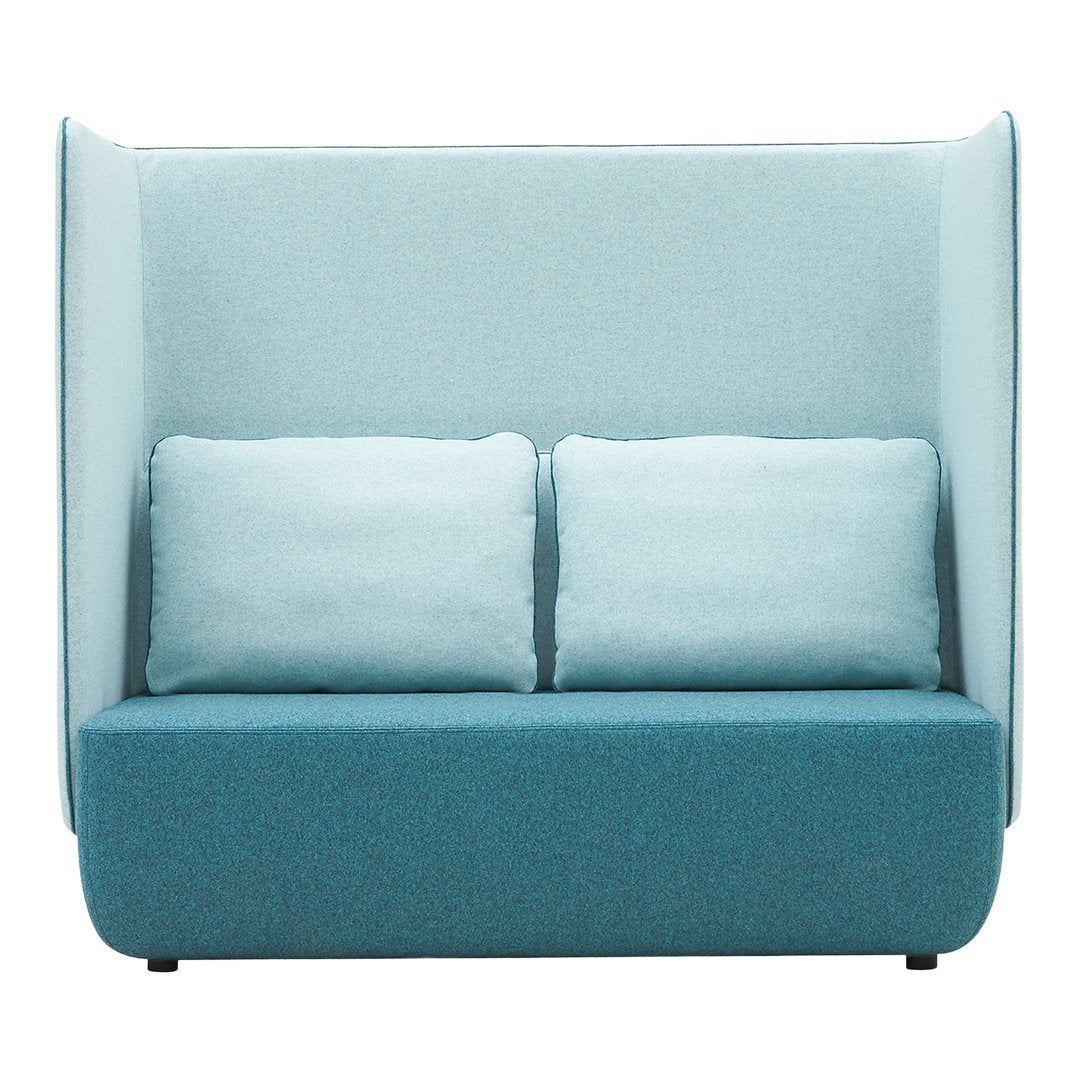 Teal and light blue upholstered sofa with a modern design, featuring two plush throw pillows and a streamlined silhouette.