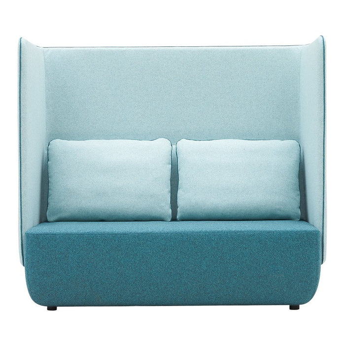 Teal and light blue upholstered sofa with a modern design, featuring two plush throw pillows and a streamlined silhouette.