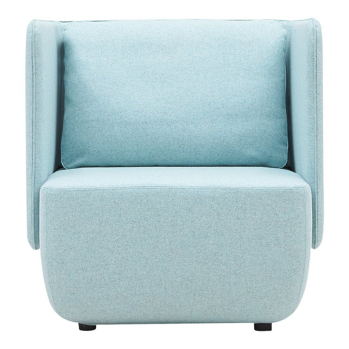 Light blue upholstered chair with a soft, textured finish and a minimalistic design. Perfect for modern interiors.