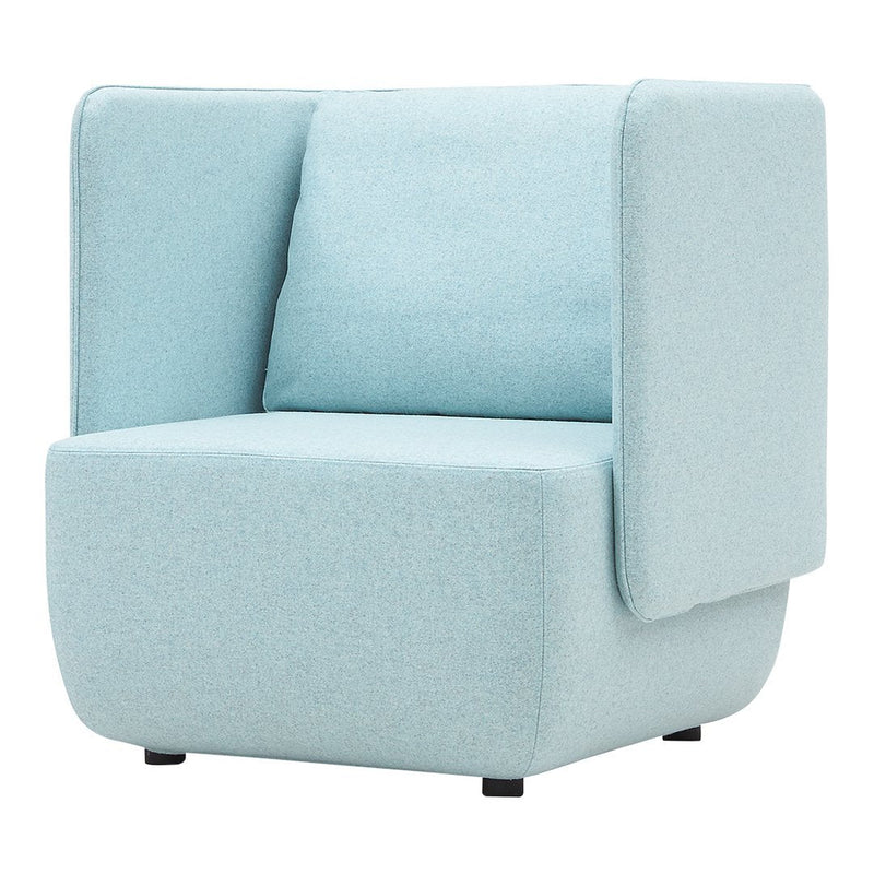 Light blue upholstered chair with a minimalist design and smooth, textured fabric. Modern and stylish accent furniture.