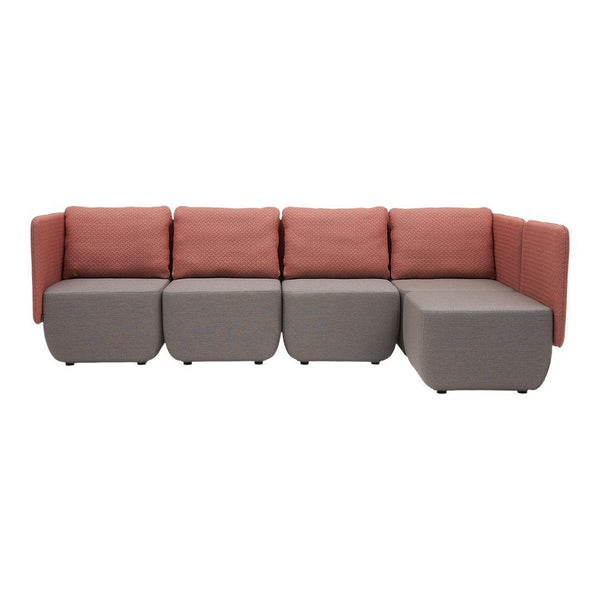 Modern sectional sofa featuring a blend of coral pink and gray fabrics with a sleek, minimalist design.