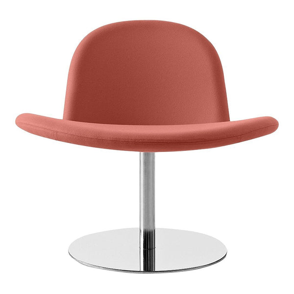 Rose pink upholstered chair with a smooth chrome base, featuring a minimalist design and rounded edges.