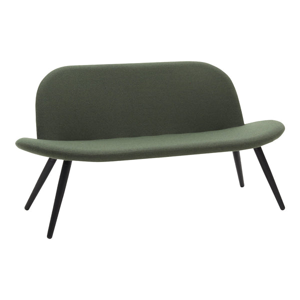 Sleek green sofa with a smooth, curved shape and contrasting black legs, perfect for modern decor.