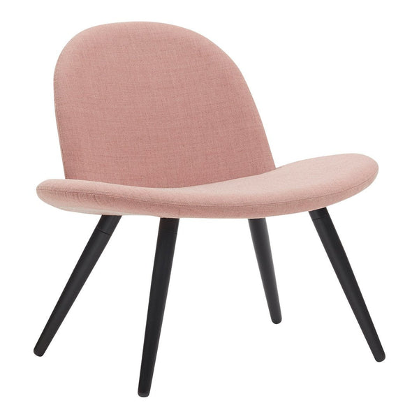 Soft pink upholstered chair with sleek black wooden legs, featuring a minimalist, modern design.